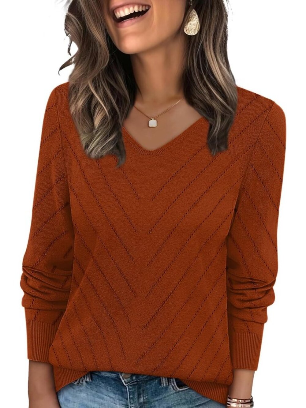 Women's Caramel V Neck Casual Knit Long Sleeve Lightweight Pullover Sweaters